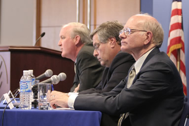 NDI President Kenneth Wollack (center), with Lorne Craner (left), the president of the International Republican Institute, and Ambassador Robert Neumann at a panel discussion.