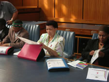 Participants review materials from NDI at an HIV/AIDS workshop.