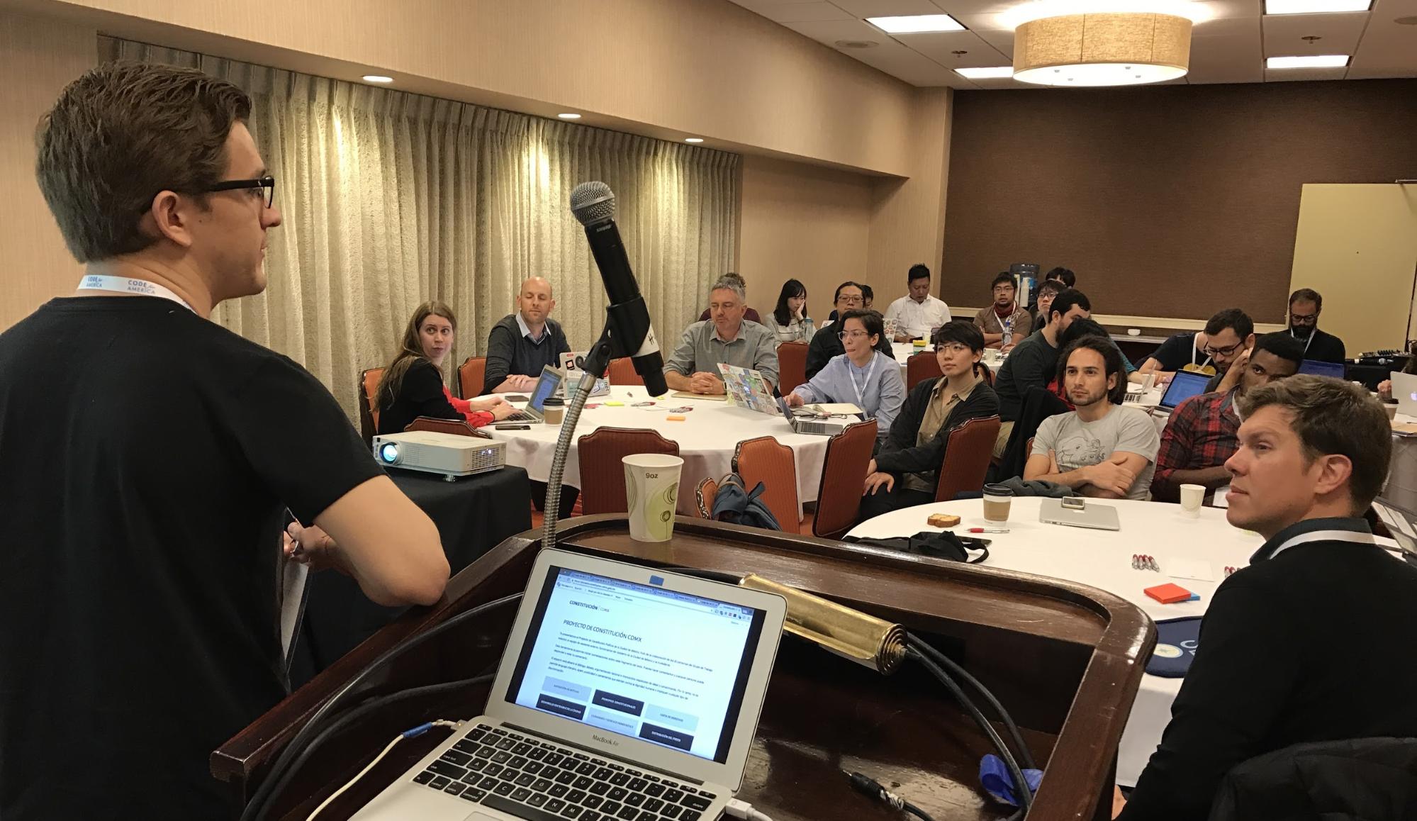 Members of the Code for All network meet at the margins of the 2016 Code for America Summit in Oakland, California.