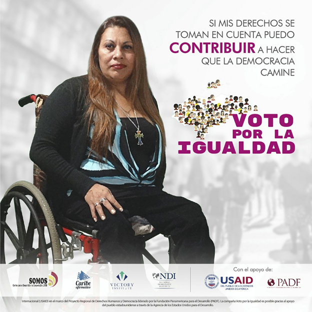 A Vote for Equality campaign poster reads: “If my rights are taken into account, I can contribute to democracy moving forward.”