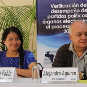 Anixh Ana María Pablo Tercero prepares to present election observation results at a press conference.