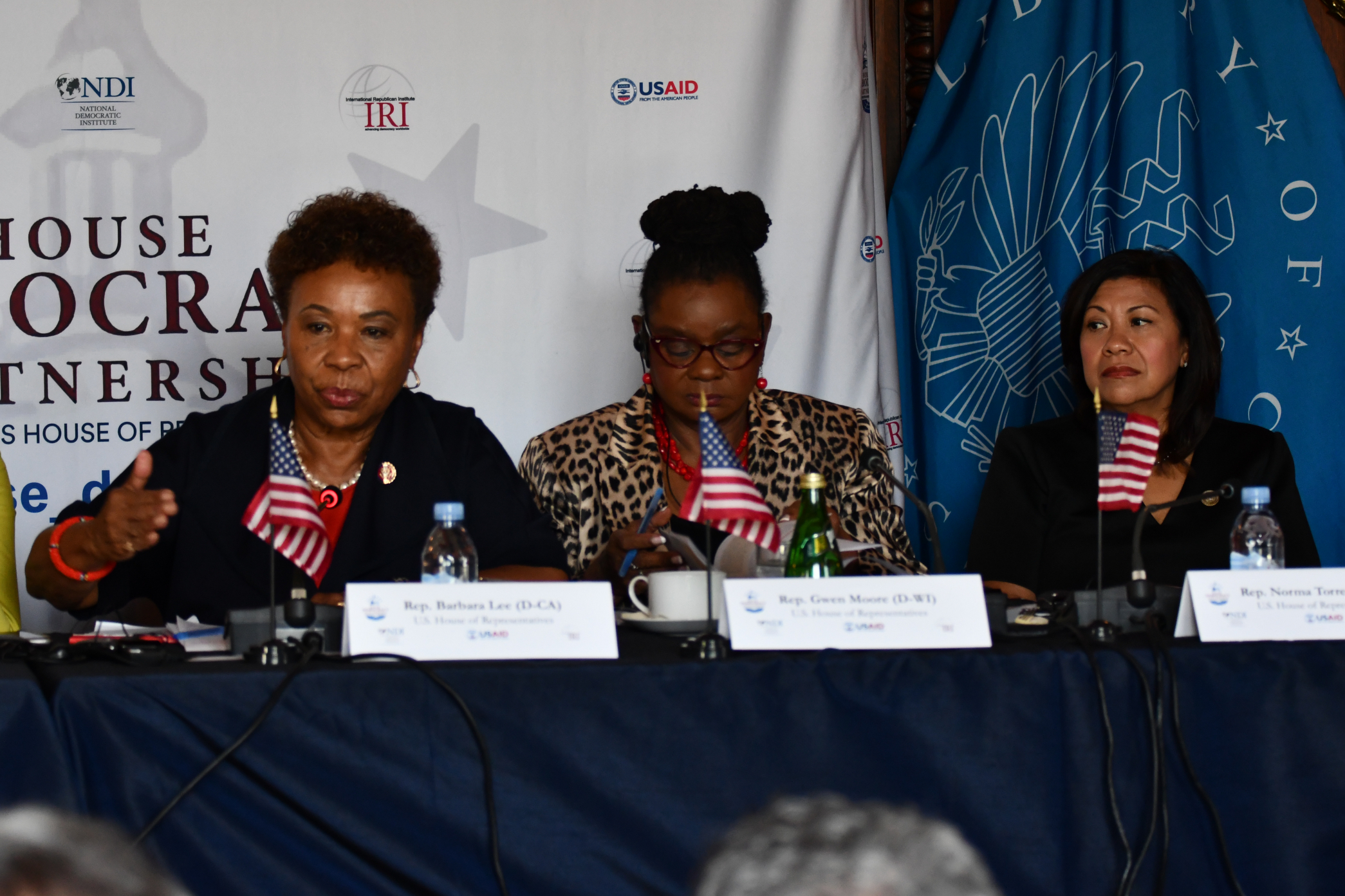 (left-right) U.S. Reps. Barbara Lee (D-CA), Gwen Moore (D-WI), and Norma Tores (D-CA) participate in a panel on building resilient and responsive governance through techniques for mainstreaming gender and stopping violence against women.
