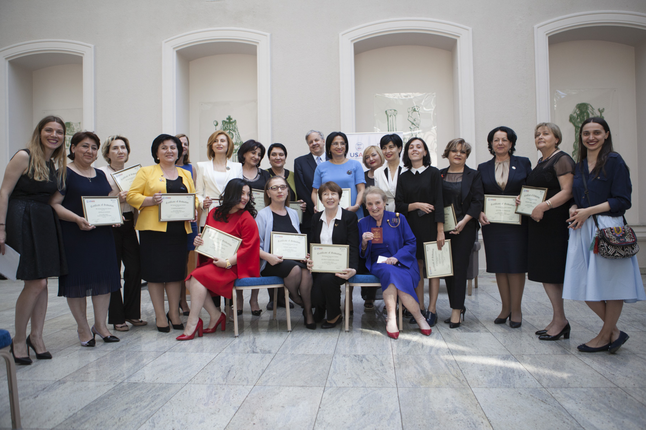 Graduates of NDI-Georgia’s Future Women Leaders Program Proudly Display their Diplomas with NDI Chairman Madeleine Albright