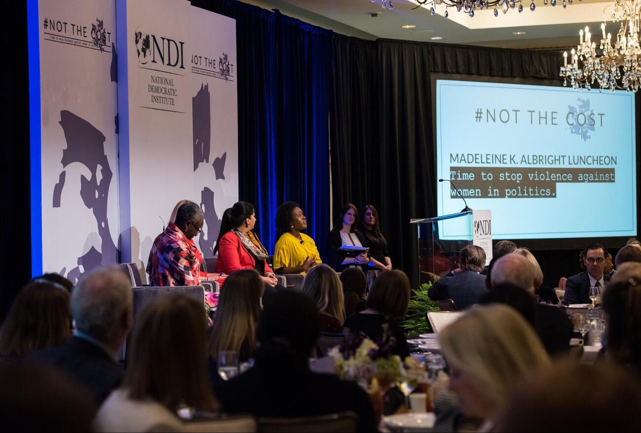 Seyi Akiwowo speaks during the 2018 Madeleine K. Albright Luncheon. Photo by Margot Schulman