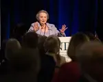 Madeleine K. Albright, former Secretary of State and NDI Chairman, urges guests to take action to end attacks on politically active women. Photo by Margot Schulman