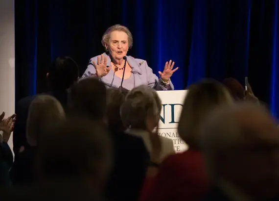 Madeleine K. Albright, former Secretary of State and NDI Chairman, urges guests to take action to end attacks on politically active women. Photo by Margot Schulman