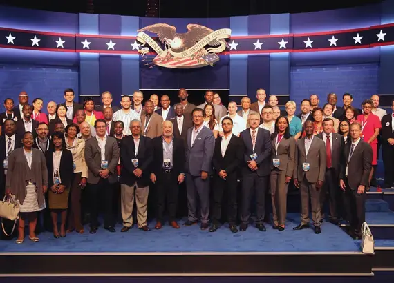 International delegates on the CPD presidential debate stage at the Debate Visit and CPD-NDI International Debate Symposium in October 2016 at University of Nevada, Las Vegas in October 2016.