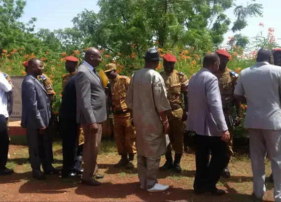 Members of the Defense and Security Commission of Burkina Faso's National Assembly meet members of the armed forces during an informational visit to a military base in Kaya.