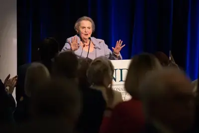 Madeleine K. Albright, former Secretary of State and NDI Chairman, urges guests to take action to end attacks on politically active women. Photo by Margot Schulman