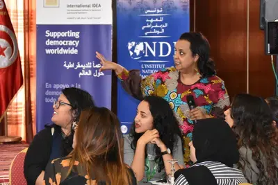 NDI’s resident program director, Rakeb Abate, with a group of participants at the African Union’s North Africa regional youth consultation in Tunis, Tunisia.  