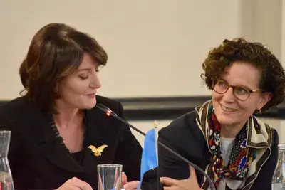 Former President of Kosovo Atifete Jahjaga (left) and former US Deputy National Security Advisor Mara Rudman share experiences at the symposium. Photo Credit: Jesper Frant