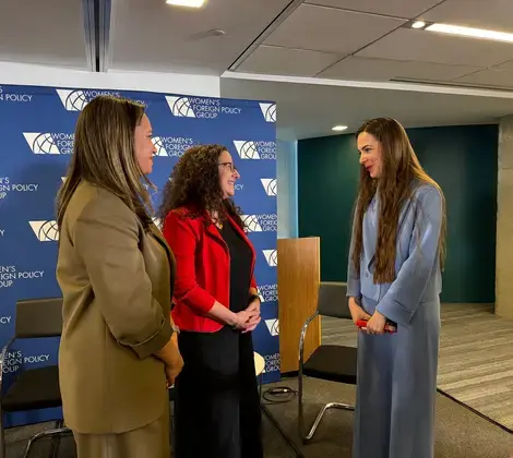 Ms. Rai, Ms. Matviichuk and Dr. Wittes chatting after the panel.