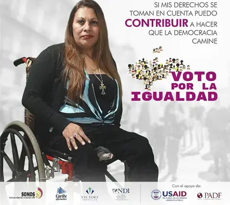 A Vote for Equality campaign poster reads: “If my rights are taken into account, I can contribute to democracy moving forward.”