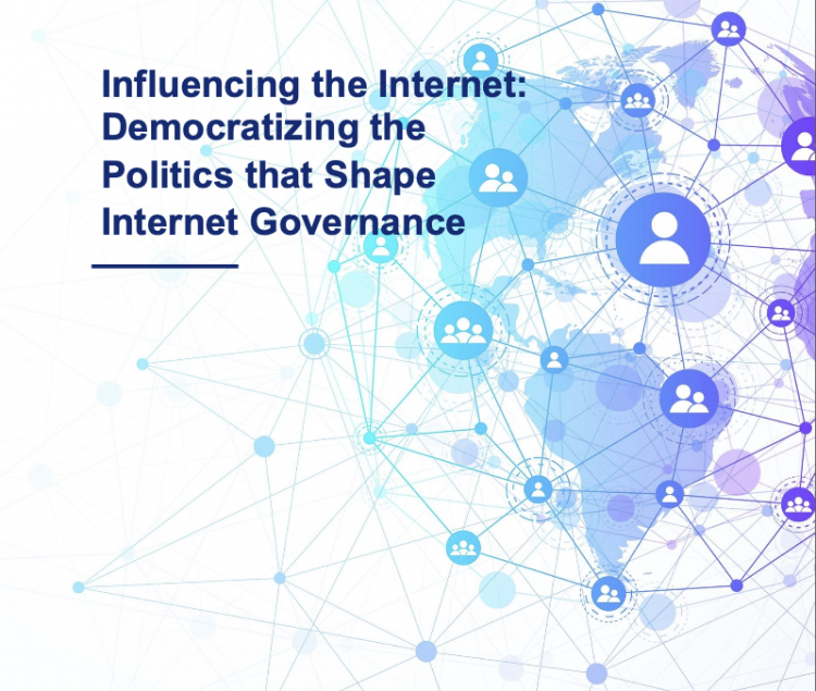 A web of social media icons and networks for the cover of the white paper titled "Influencing the Internet: Democratizing the Politics that Shape Internet Governance Norms and Standards"